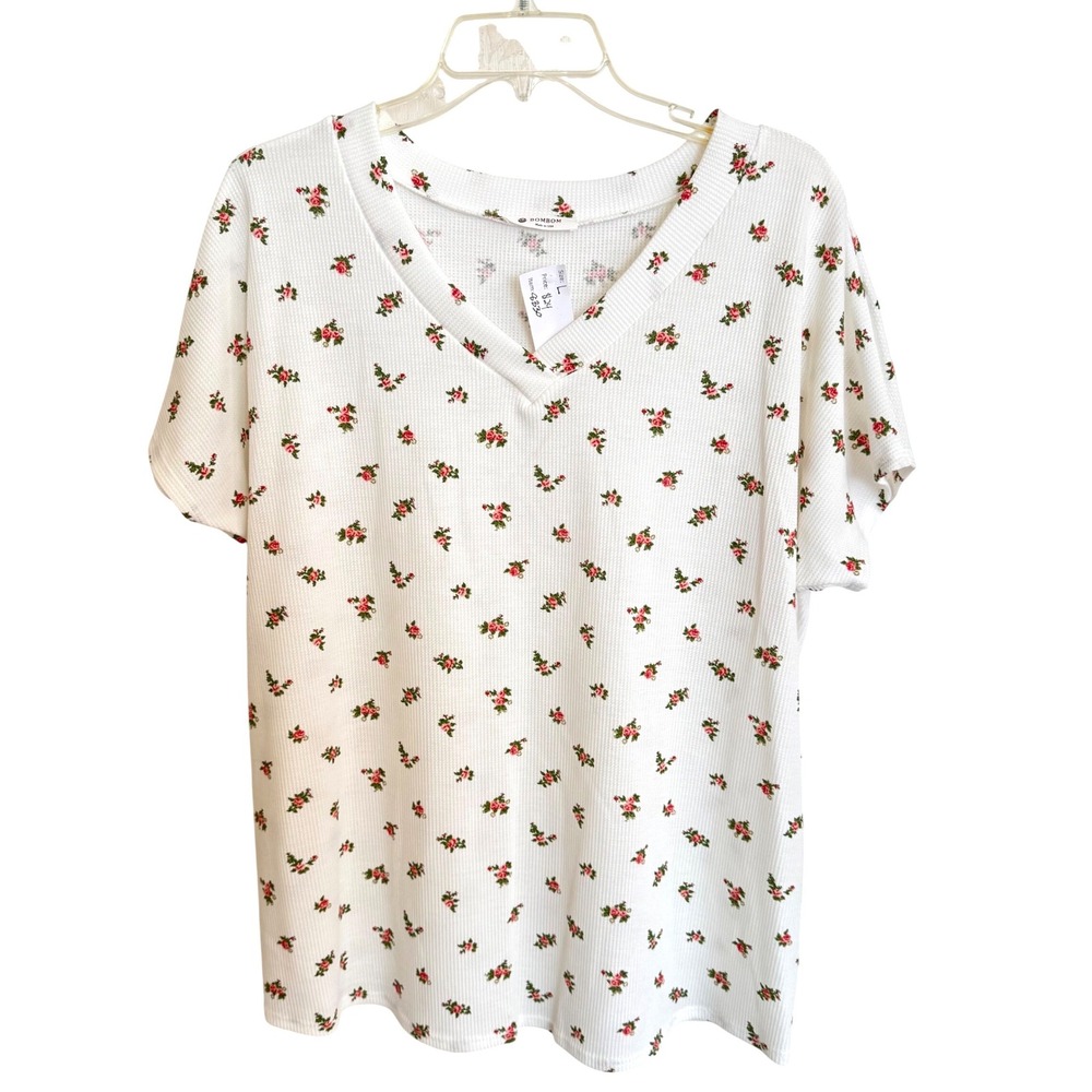 BOMBOM Womens Waffle Knit V-Neck Floral Rose Print Short Sleeve‎ Top White Large